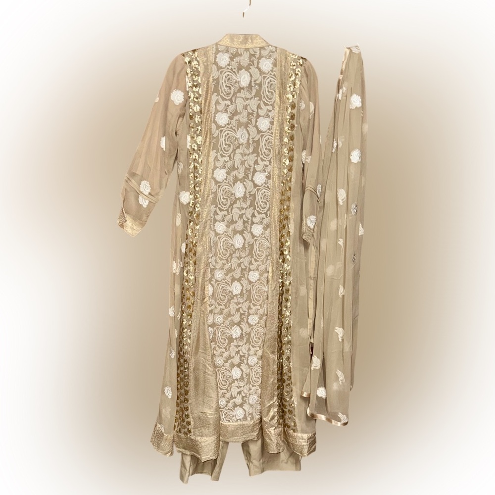Elegant  Kurta Set Beige and Gold Embroidered Dress with Pants and Dupatta - Picture 3 of 9